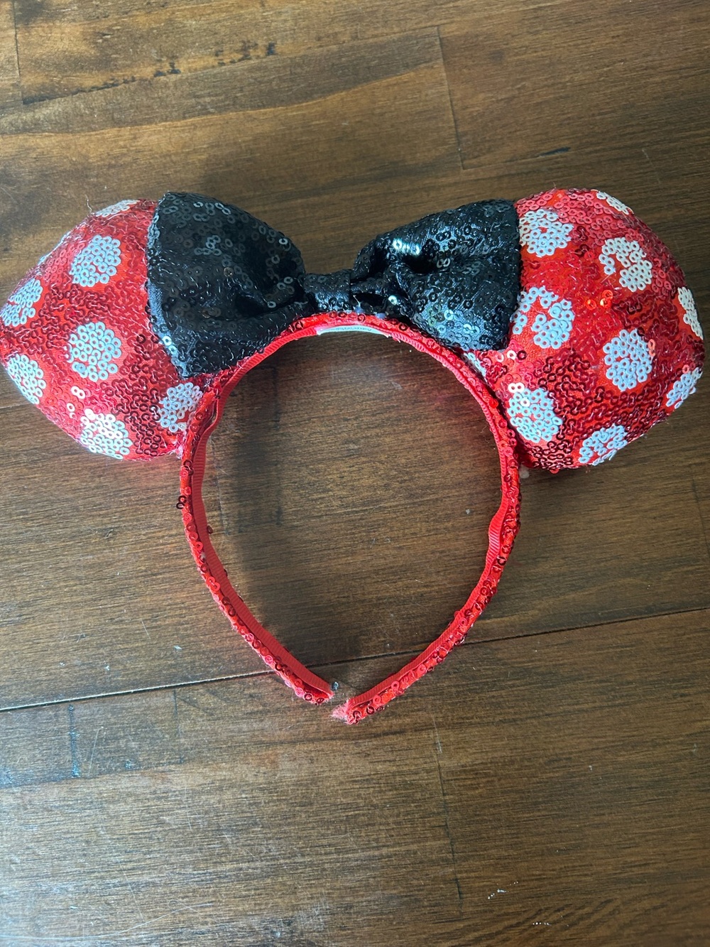Authentic Disney Parks Minnie Mouse Red Sequin Polka Dot Ears with Black Sequin